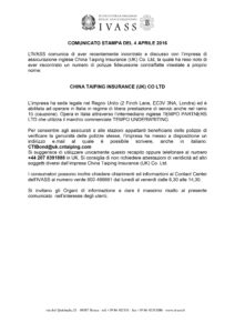 IVASS - COMUNICATO STAMPA DEL 4 APRILE 2016